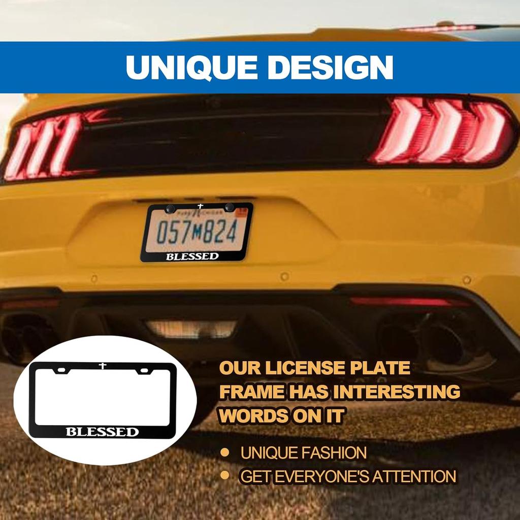 Funny Metal Aluminum License Plate Frame With Humor Texts Blessed Christian Black Car Cover Tag Holder Decoration With 2 Holes And Screws For Women