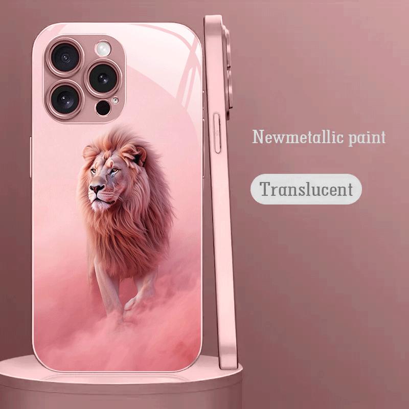 Lion Fashion Pattern Metallic Paint Glass Phone Case Suitable for iPhone 17 16 15 14 13 12 11 Pro Max Plus Anti Shock Back Cover