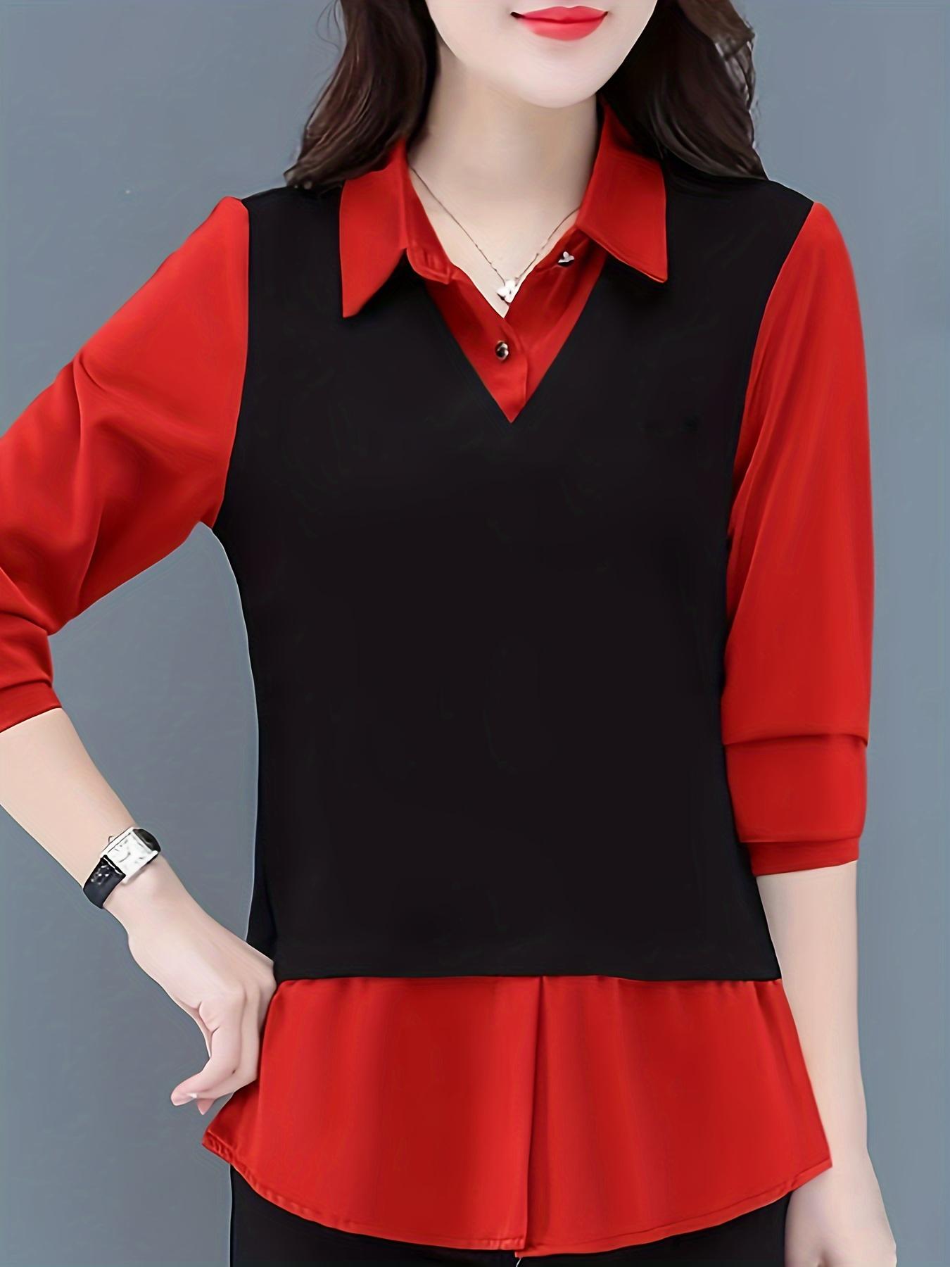 

Блуза с цветными блоками, универсальный топ с короткими рукавами для весны и осени, женская одежда 5XL красный