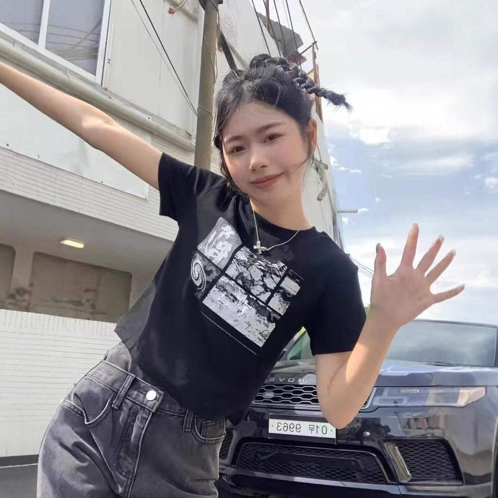 Sweet and spicy style navel printing short-sleeved T-shirt women's summer new student black top