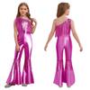 Kids Sparkly Jumpsuit Off-shoulder Sleeveless Sequin Tassels Flared for Pageant Show