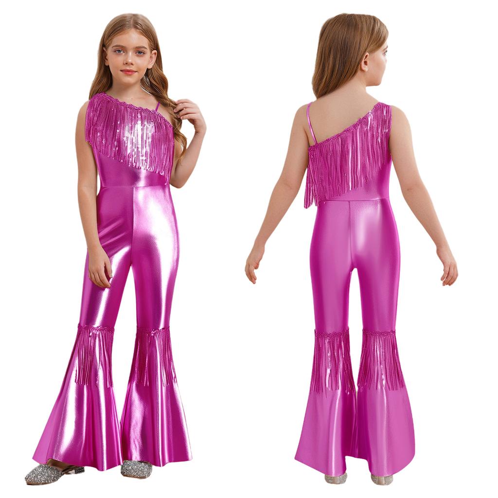 Kids Sparkly Jumpsuit Off-shoulder Sleeveless Sequin Tassels Flared for Pageant Show