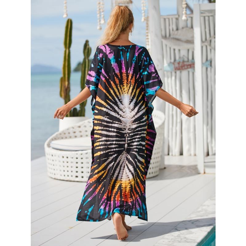 Moda Donna Estate Primavera Stampa a Blocchi di Colore Maniche 1/2 Scollo a V Linea Vita Lassa Abiti Casual
