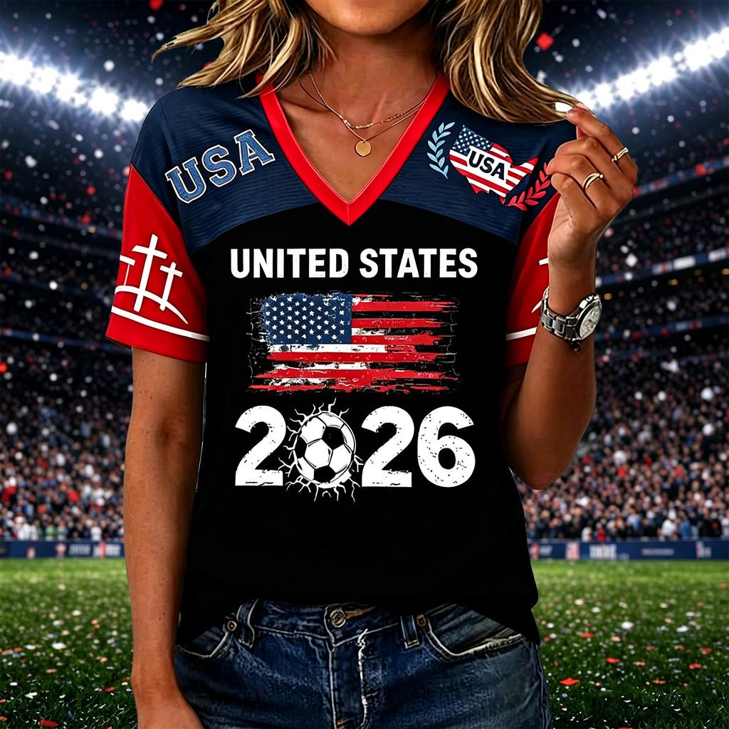 Women’s Casual V Neck Pullover Top with Short Sleeves and States Flag 2026 Soccer Graphic Print for Everyday Wear
