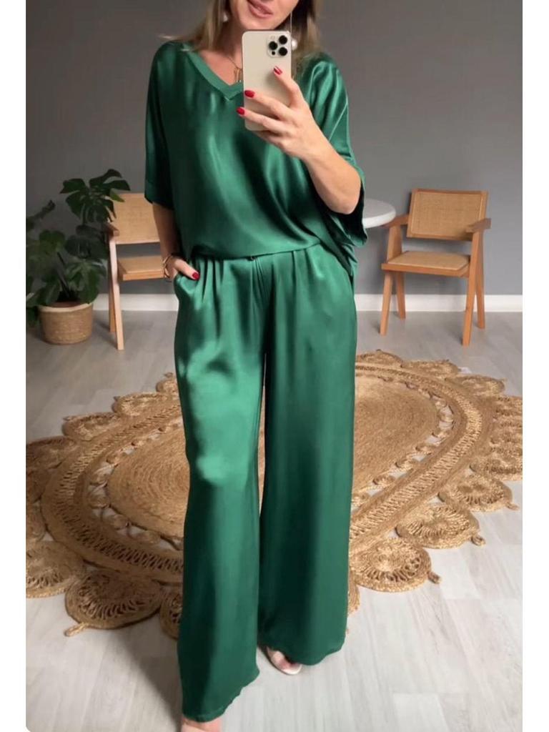 2024 European American Summer Style V-neck Silk Casual Women's Suit