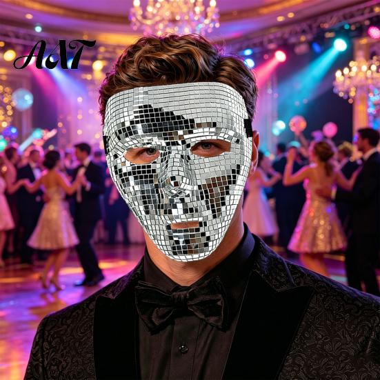 Comfortable Mirror Mosaic Mask Halloween Disco Ball Mask, Breathable Masquerade, Sparkling Gold Glitter Party Costume for Dance Performance,