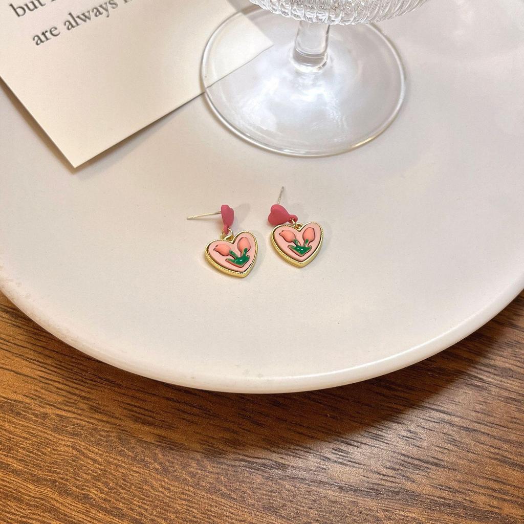S925 Pink Heart & Tulip Flower Earrings for Women - Sweet Summer Clip-Ons 2022 Trend