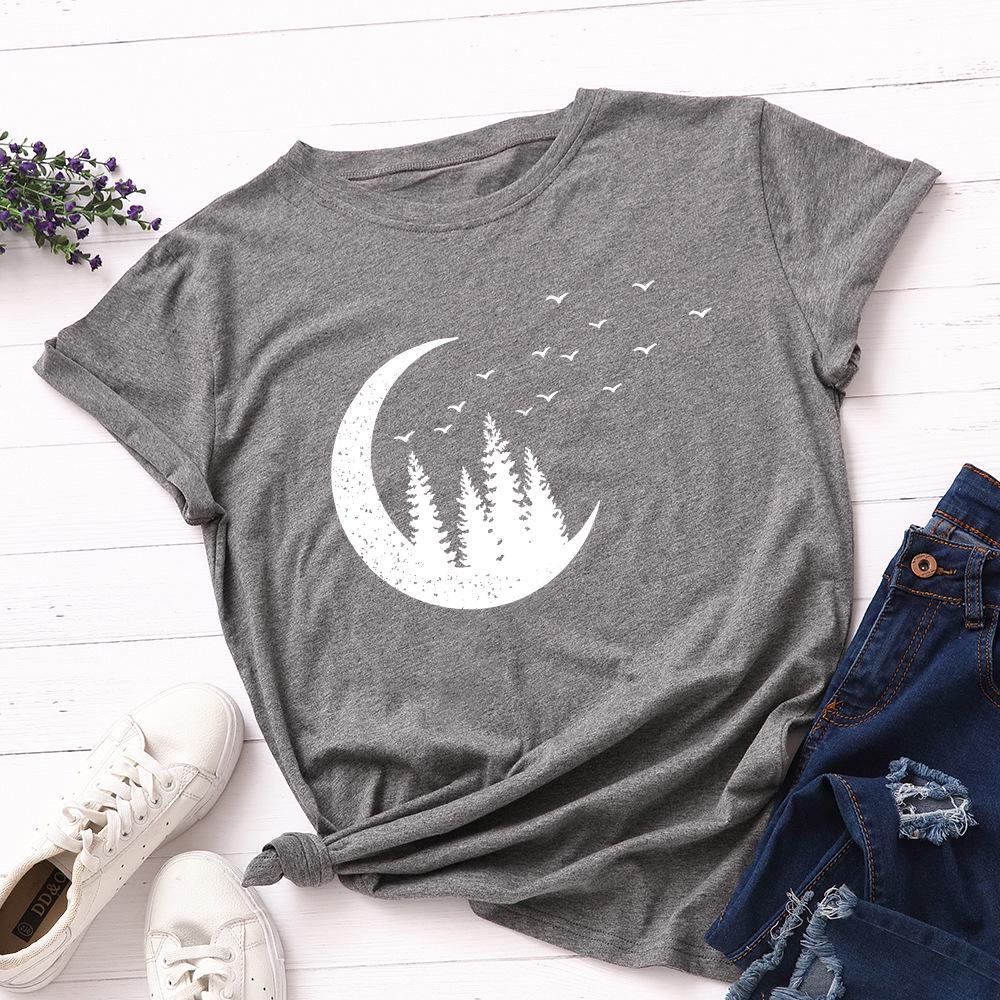 Starry Sky Moon Forest Pattern Cotton Loose Round Neck Short Sleeve Women's T-shirts