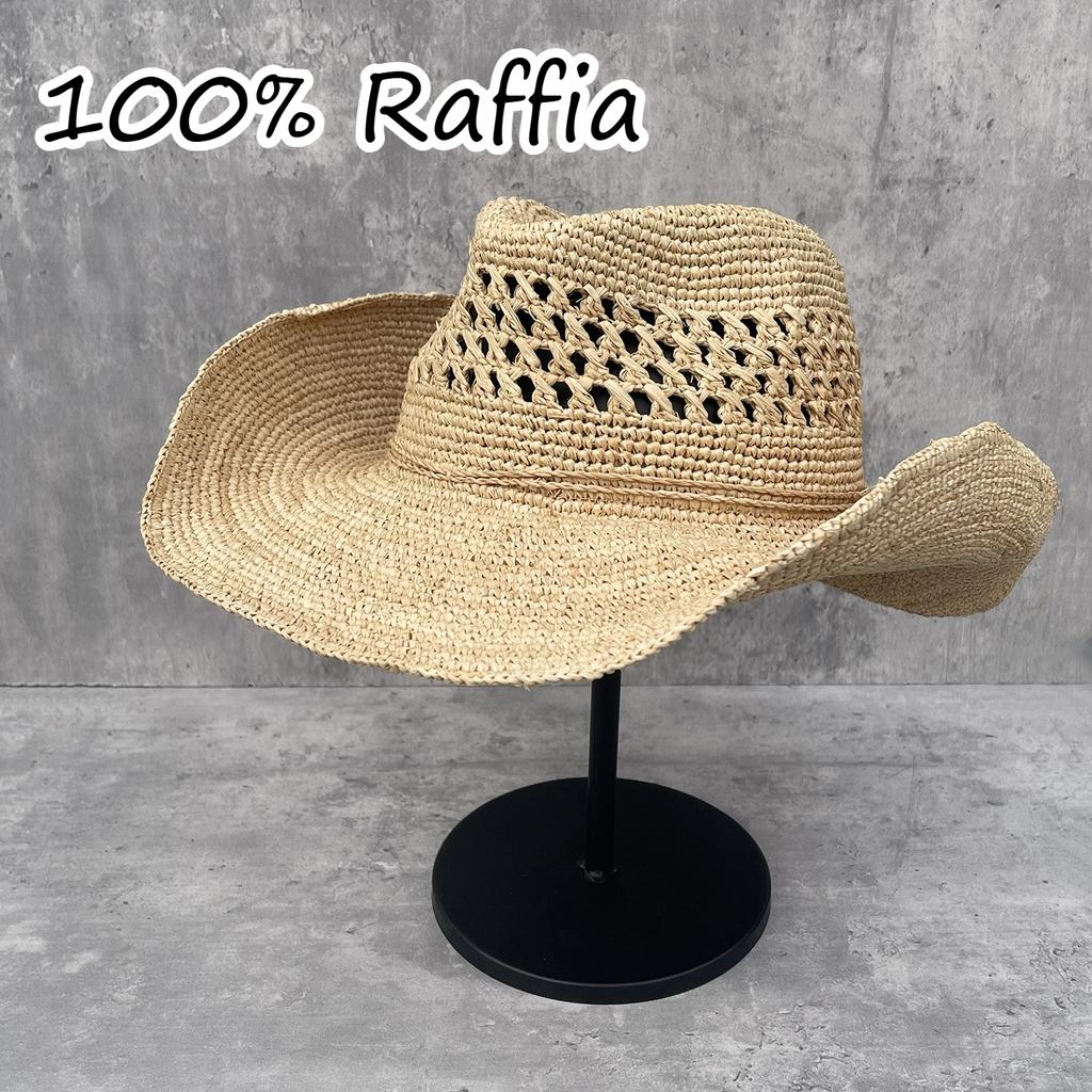 Handgehäkelter Natürlicher Raffia Stroh Cowboyhut für Damen Herren Sommer Breiter Rand Sonnenhut Outdoor Atmungsaktiv Strandkappen Modehut