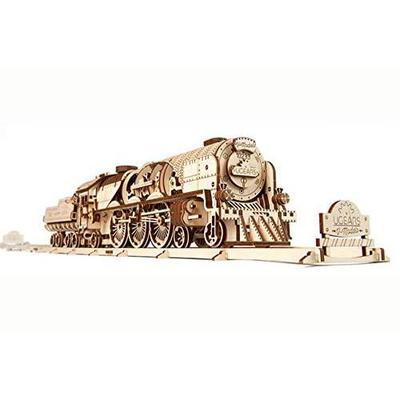UGEARS Rompecabezas 3D para adultos - Tren de vapor V-Express con ténder - Kits de modelos de rompecabezas de madera 3D