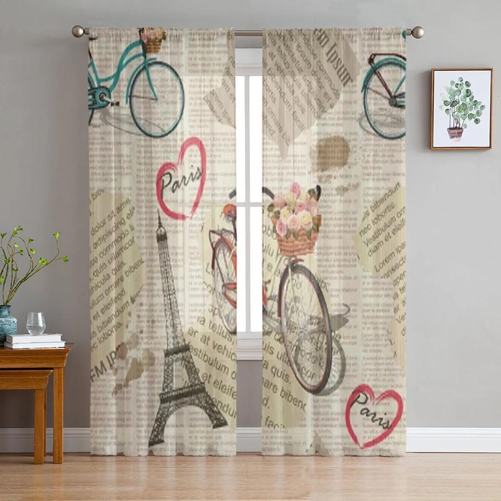 Paris Vintage Newspaper Sheer Curtain For Living Room Bedroom Voile Curtains For Window Organza Curtains Party Tulle Drapes
