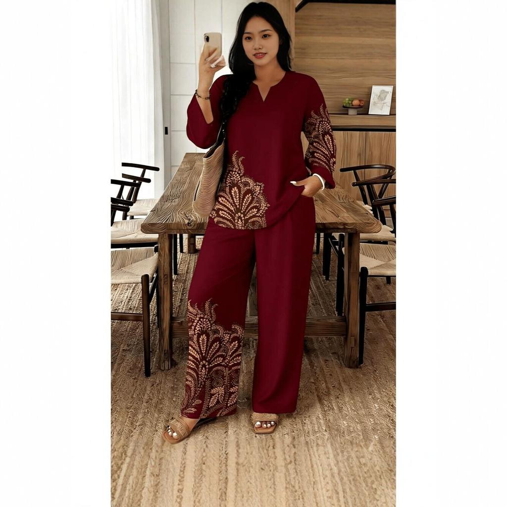 1116 European and American Geometric Printing V-neck Shirt High Waist Drape Wide Leg Pants Complete Set of Women's Clothing