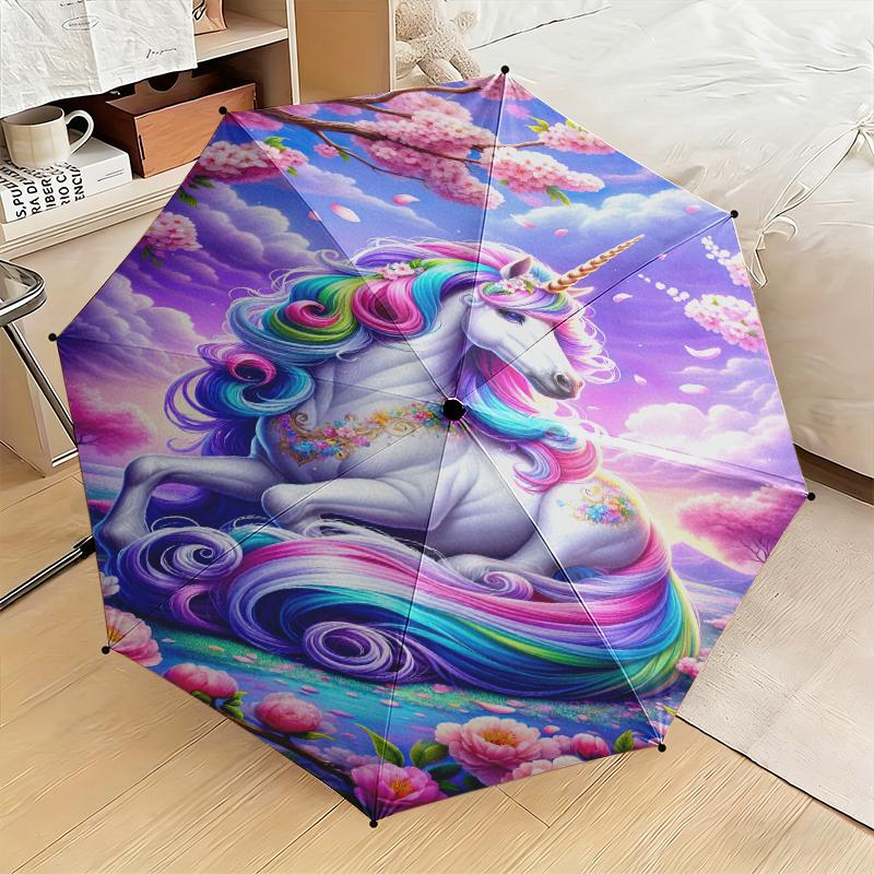 1pc Purple Unicorn Umbrella Portable Folding Umbrella Iron Frame Hole Bone Structure Outdoor Home Umbrella