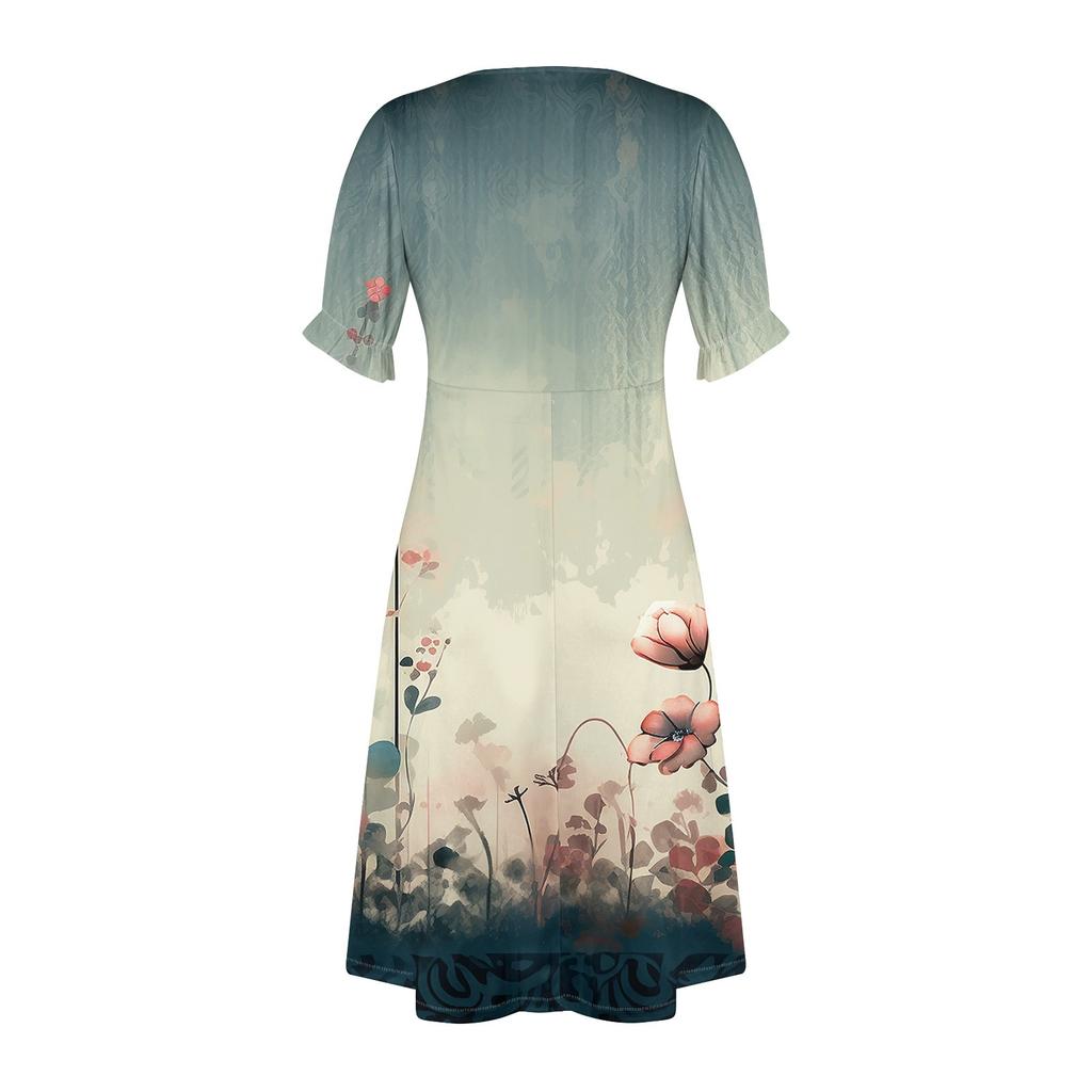 Beach Dresses For Women Spring Summer Elegant Wrap V Neck Boho Dress Flowy Ruched Hawaiian Maxi Dress