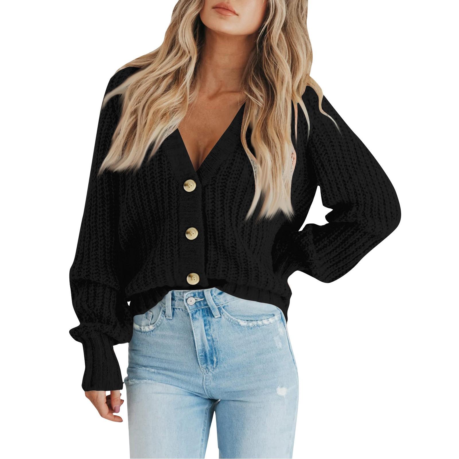 Женский однотонный трикотажный кардиган с длинным рукавом и V-образным вырезом — фото 4