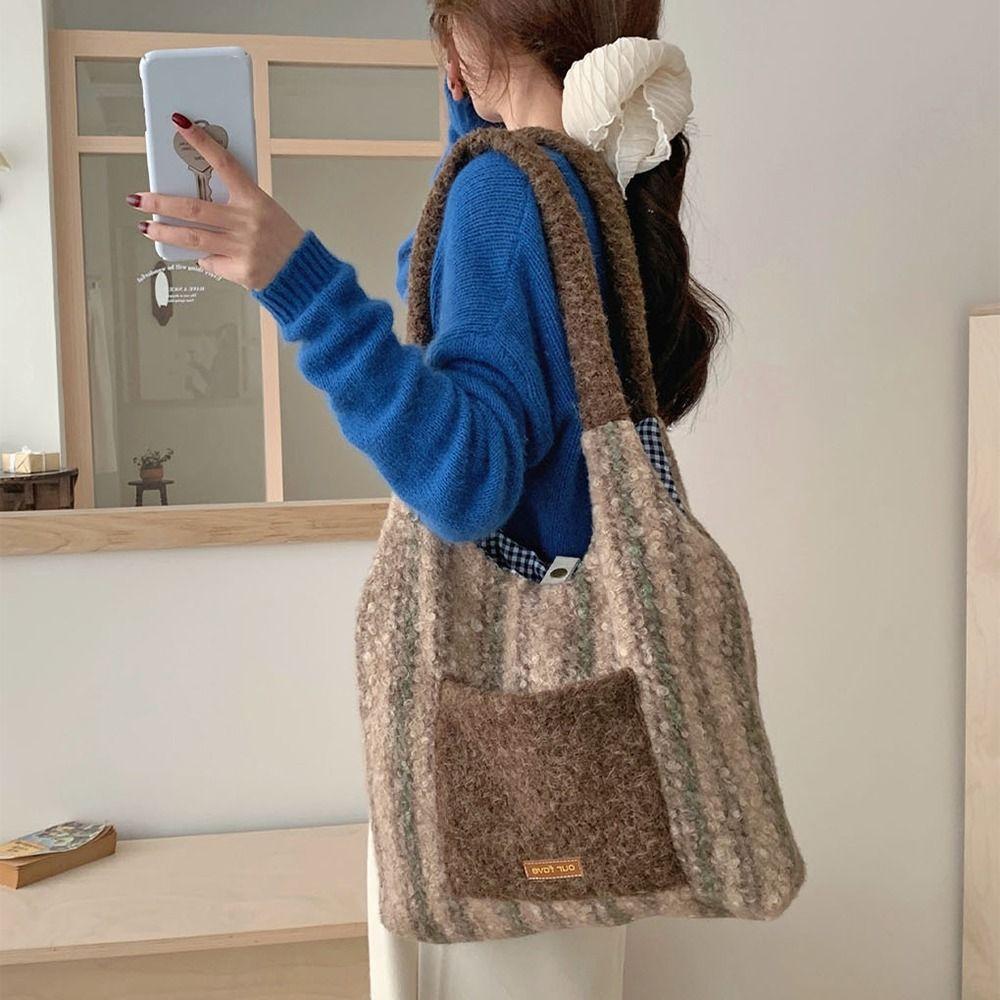Plaid Printed Plush Shoulder Bag Creative Striped Tote Bag Gift Women's Shopping Bag  Outdoor