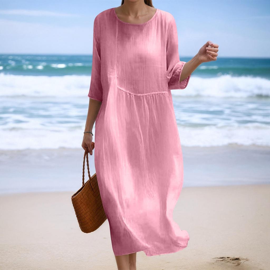 Damska Modna Sukienka o Luźnym Kroju z Okrągłym Dekoltem i Rękawem Siedem Ósmych w Jednolitym Kolorze