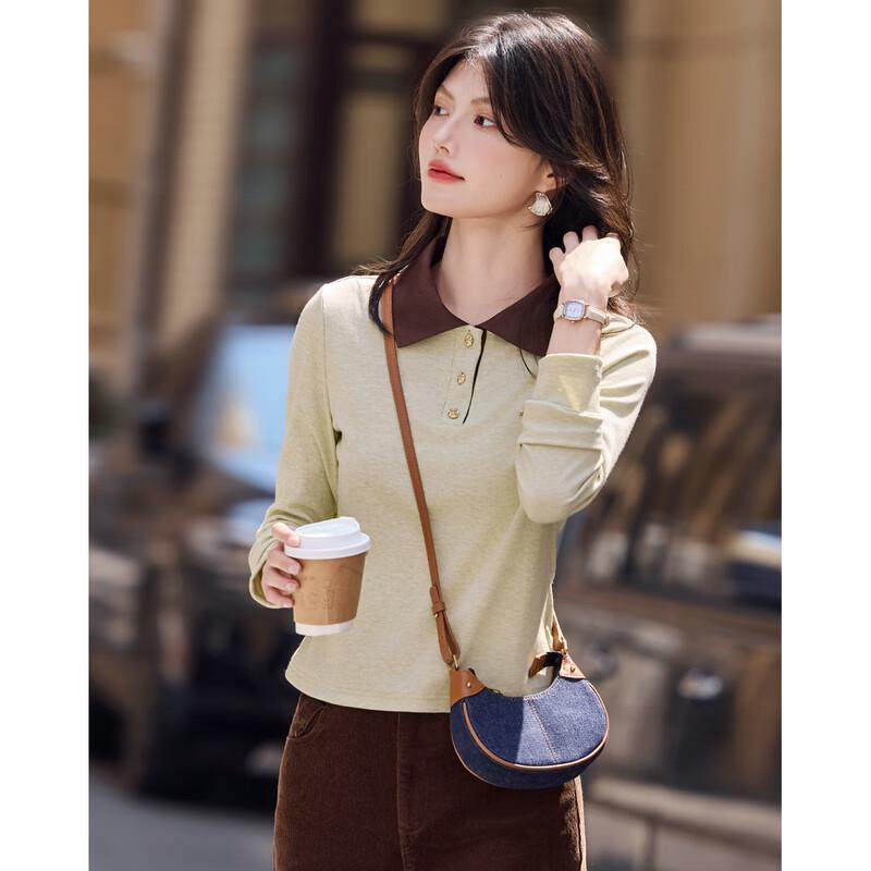 Women s Fashion Color Block Lapel Long Sleeve Casual T-Shirt S