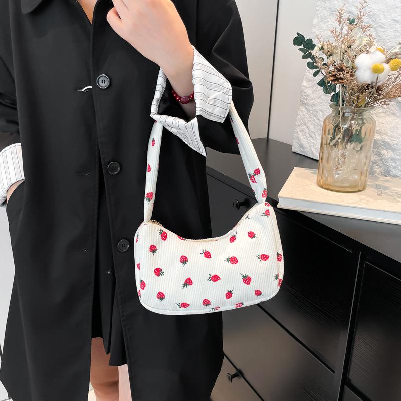 Korean-Style Strawberry Print Corduroy Handbag - 2025 Autumn Collection