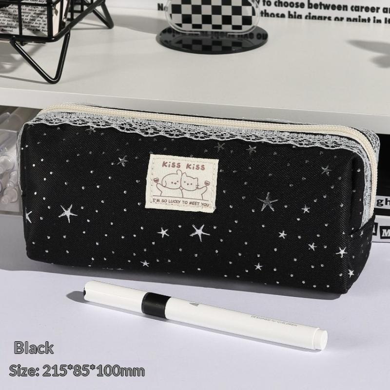 Cute Star Print Canvas Pencil Case Lace Trim Pen Bag Kawaii Cat Label Stationery Pouch For Student