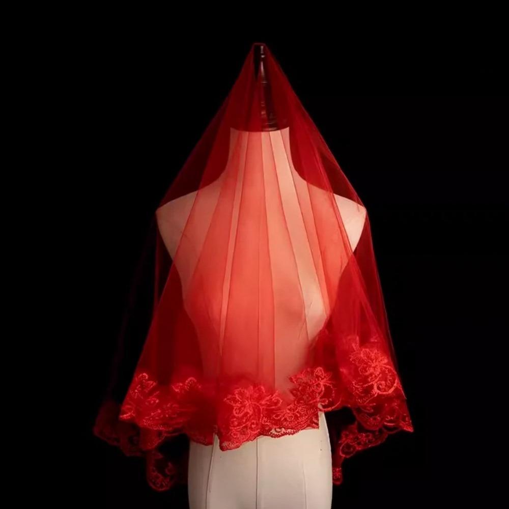 Lace Gold Embroidery Red Bridal Veil Gauze Wedding Head Cover Xiuhe Dress Veil Wedding Photos