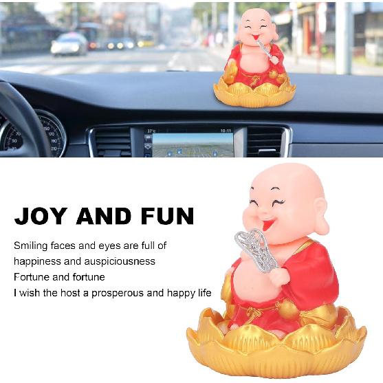 Walfront Solar Powered Figurine Nodding Smiling Buddha Maitreya Solar Buddha Statue Toy Little Monk Figurine Desktop Ornaments (Red)