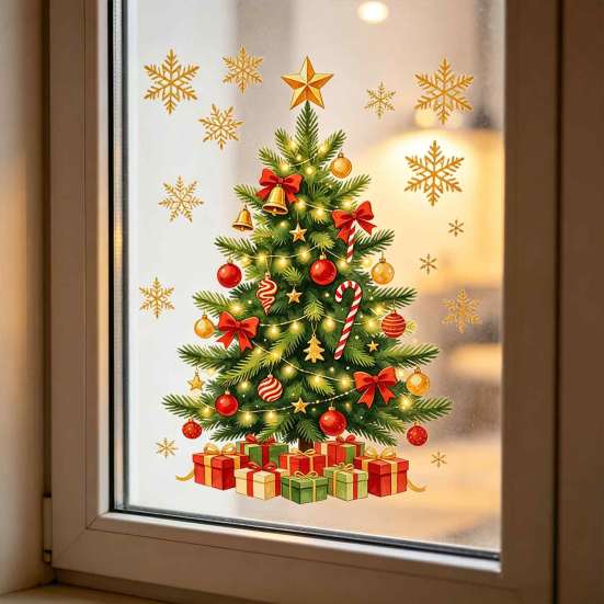 Winter Home Decor Christmas Window Clings, Cute Santa Claus Snowman Xmas Tree Stickers, Wall Stickers PVC Static Glass Decal for Living Room, Bedroom
