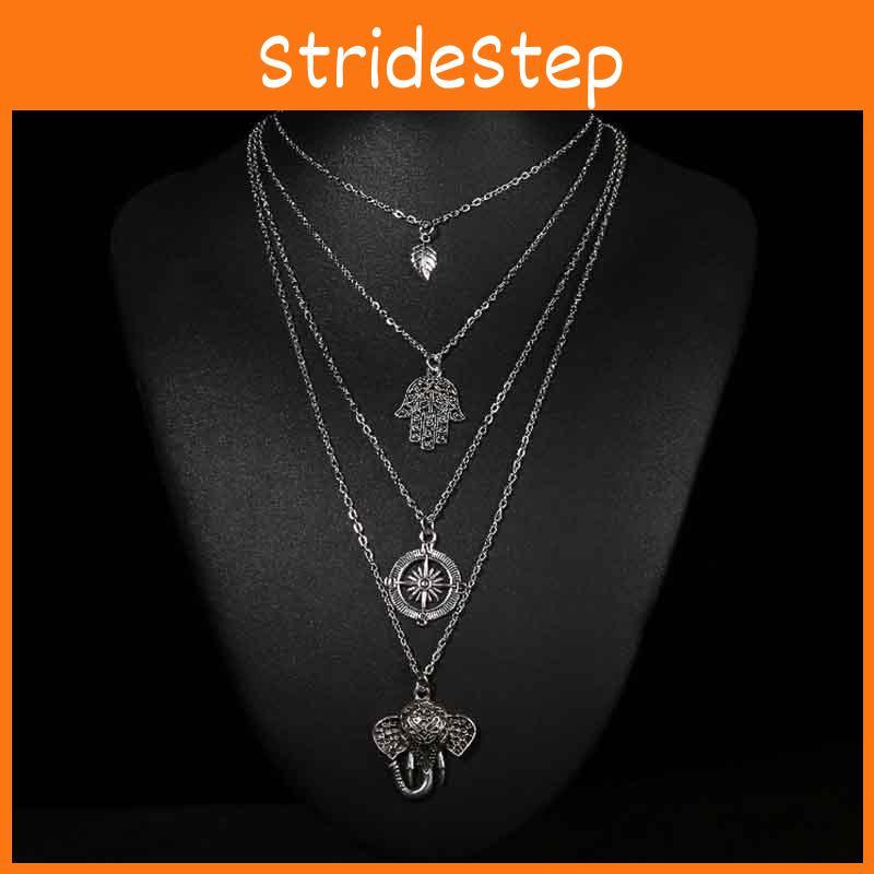 Vintage Style Alloy Necklace With Leaf And Elephant Pendant In Ancient Silver Finish