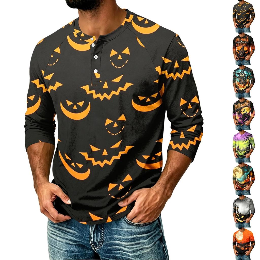 Men's Casual Raglan Three-Quarter Sleeve Shirt Halloween Print