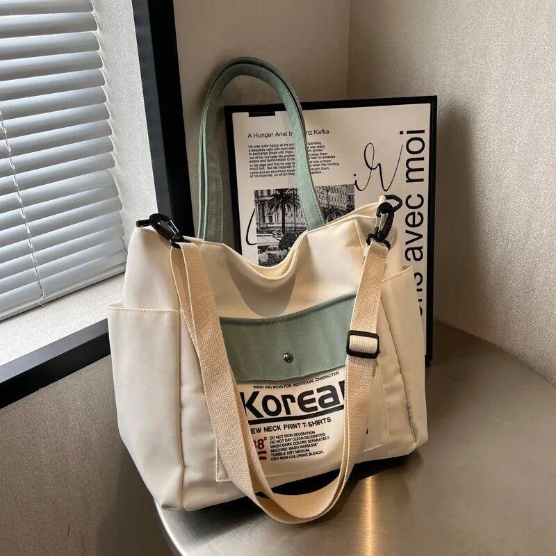 Large Capacity Women Tote Canvas Handbag Schoolbag Female University Portable Shoulder Bag Rectangular Shopping Beach City College Korean Popular