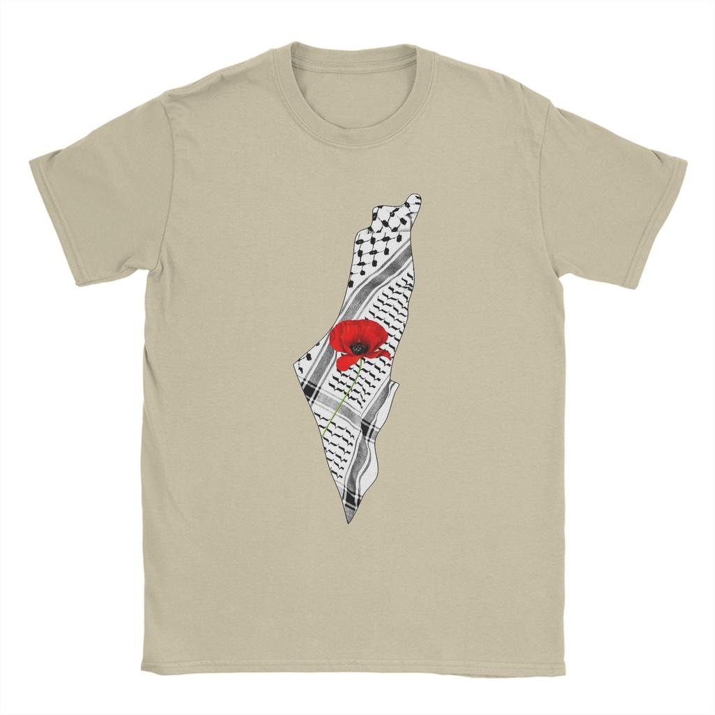 Men's T-Shirts Palestine Map Keffiyeh and Poppy Awesome Cotton Tees Short Sleeve T Shirts O Neck Clothing New Arrival