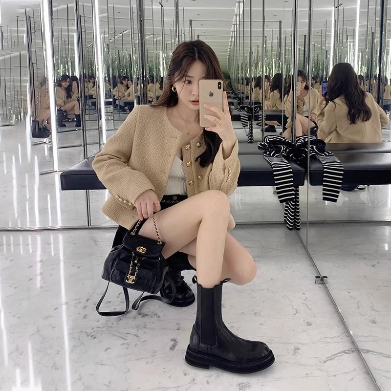Second Hair! Grape Mother Same Shoes Shrink Pattern Washed Horse Leather Thick-soled Medium Tube Chimney Chelsea Short Boots Women's Autumn