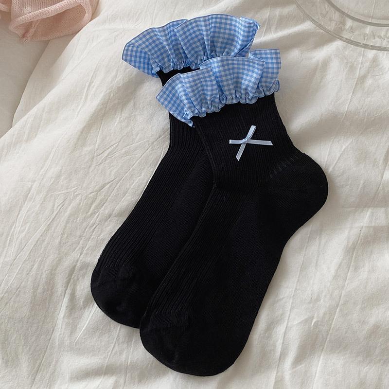 Miu Short Tube Socks Children'S Jk Blue Plaid Lace Women'S Socks Bow Summer Thin Boneless Cotton Socks