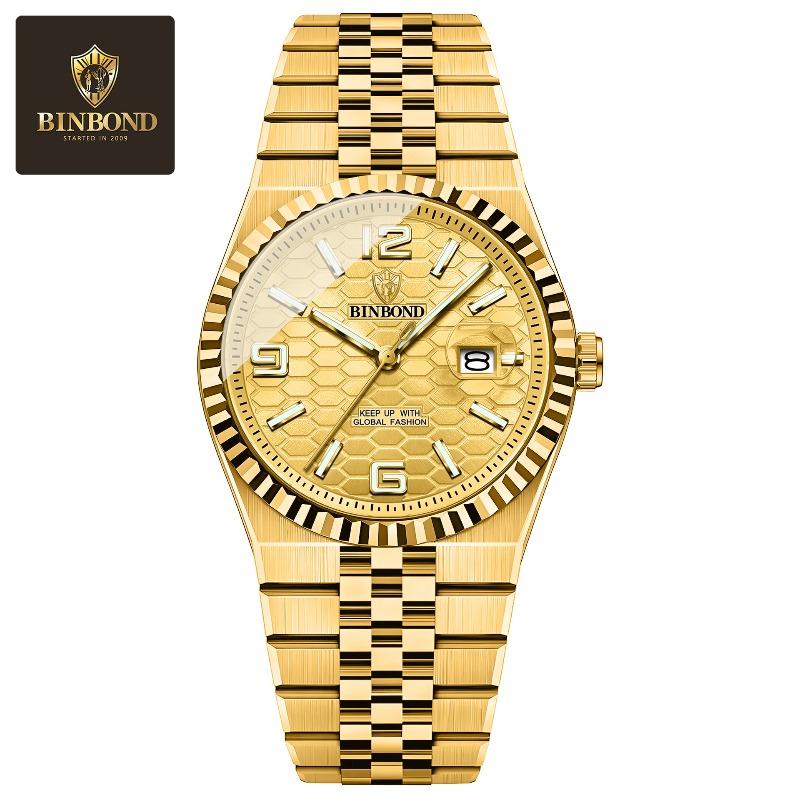 Orologio da uomo Binbang impermeabile luminoso con cinturino in acciaio, quadrante moda, orologio al quarzo