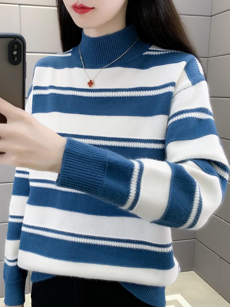 Women's Stylish Striped Loose Sweater - Thickened Half-High Collar Base Layer for Autumn/Winter