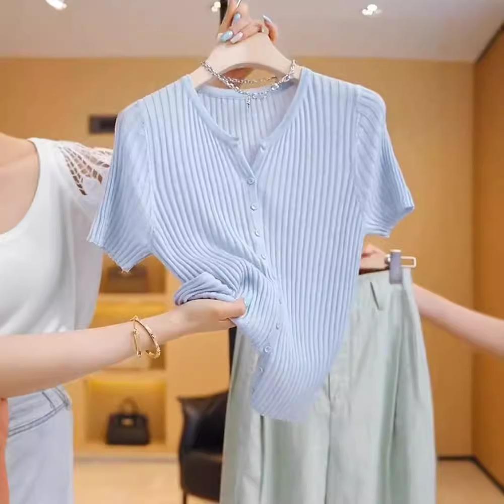 

Summer New Fashionable Knitted Short-sleeved Cardigan T-shirt Women s Slim Casual Sweater Versatile Western Style Top OneSize синій