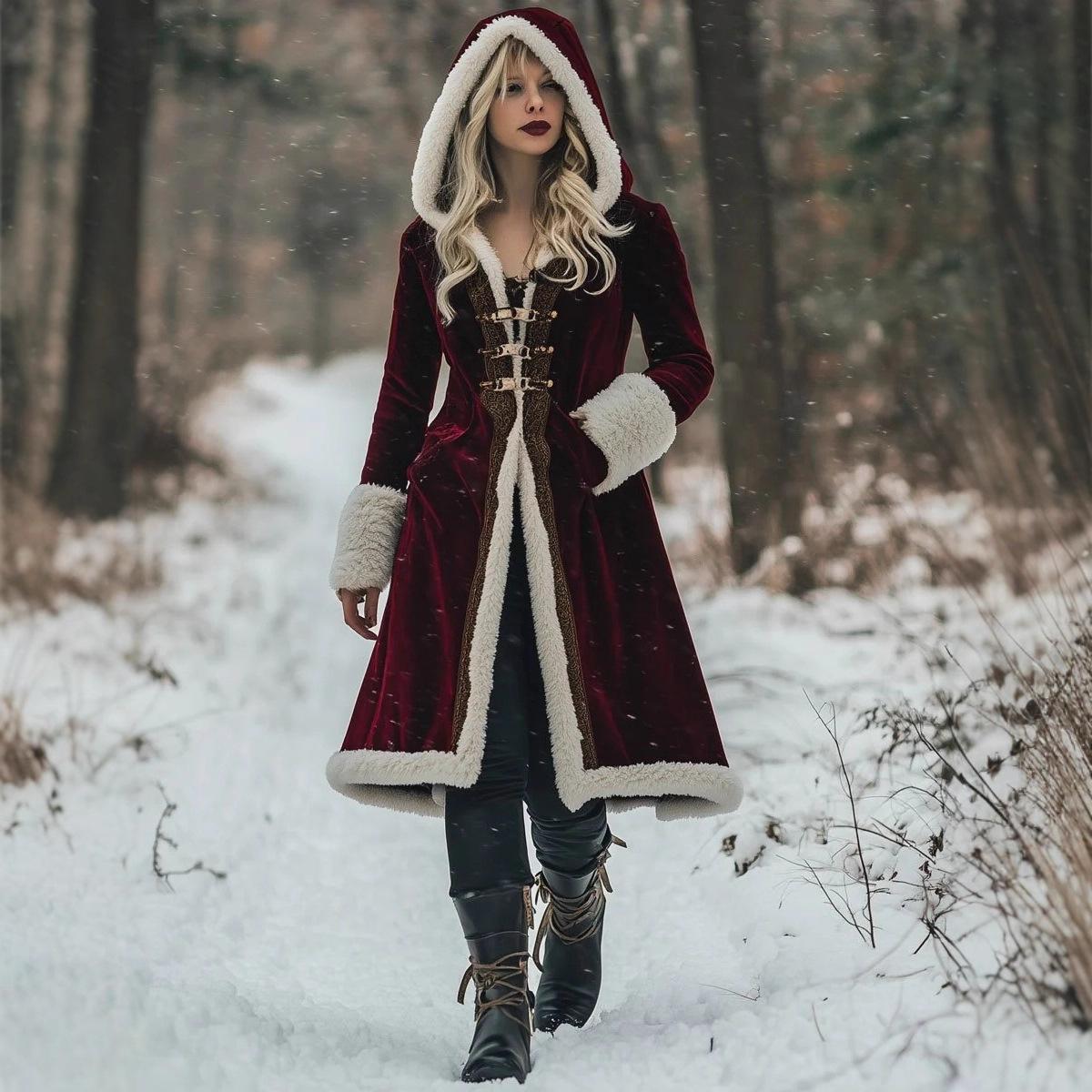 

2025 Расклешенные рукава Длинное Ретро Европейский стиль Куртка-пальто с капюшоном и меховой отделкой XXXL бордовый