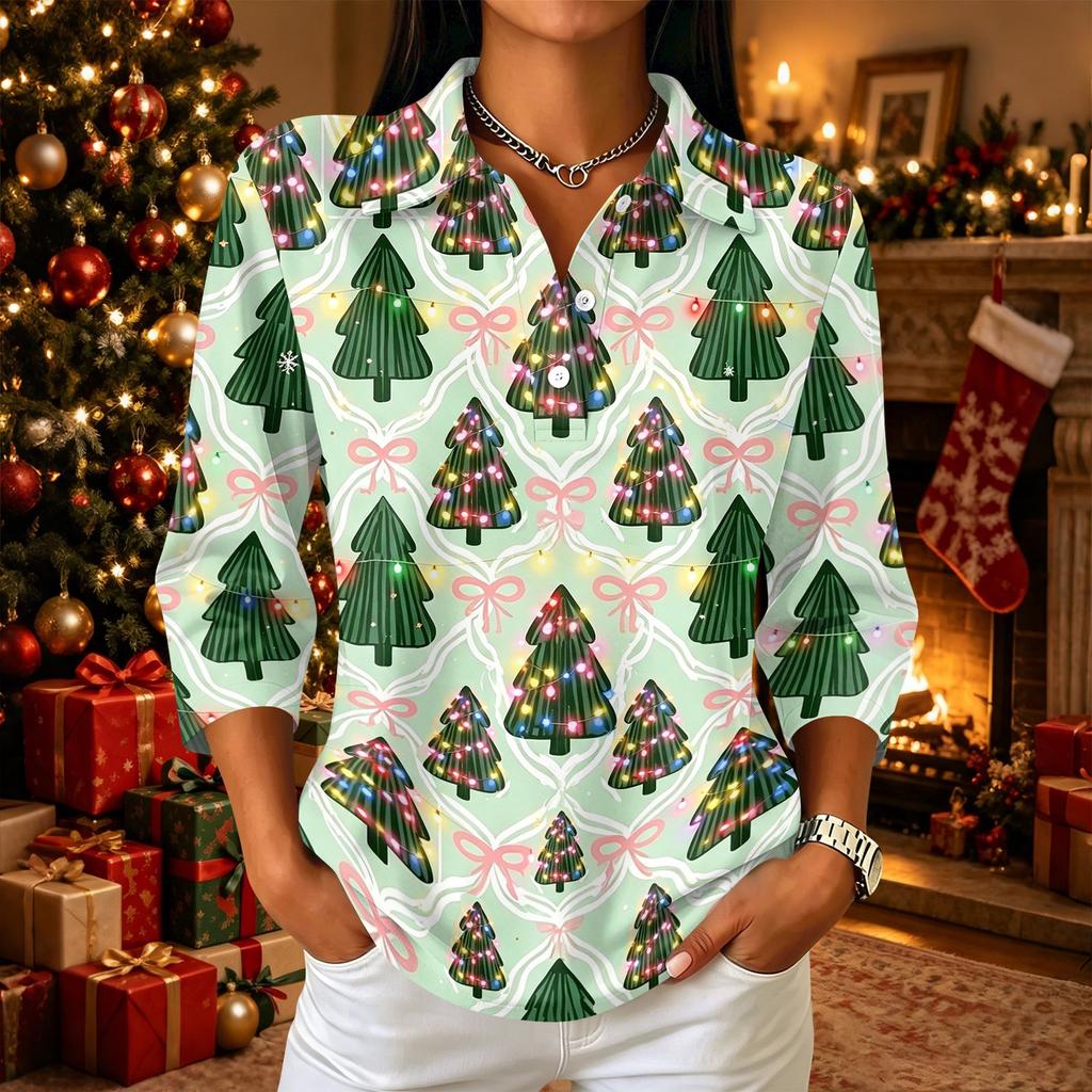 Women's Casual Christmas Print Button Down Top with Notched Collar and Three-Quarter Sleeves