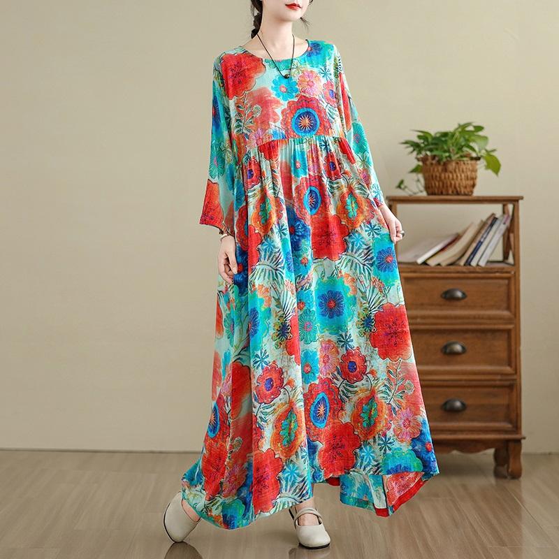 Plus Size Cotton Linen Vintage Floral New In Dresses for Women Casual Loose Long Spring Summer Autumn Dress
