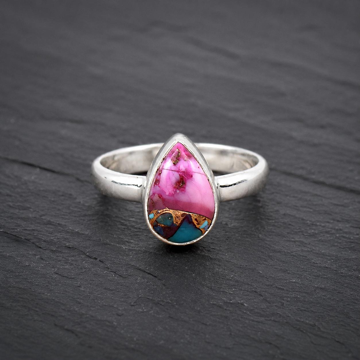 925 Sterling Silver Pink Oyster Turquoise Ring | Teardrop Gemstone Statement Ring for Women 4 серебряный