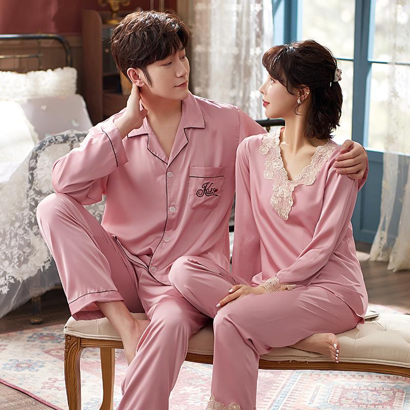 Wedding couple pajamas spring and autumn red women's ice silk men's long-sleeved silk natal year wedding loungewear suit