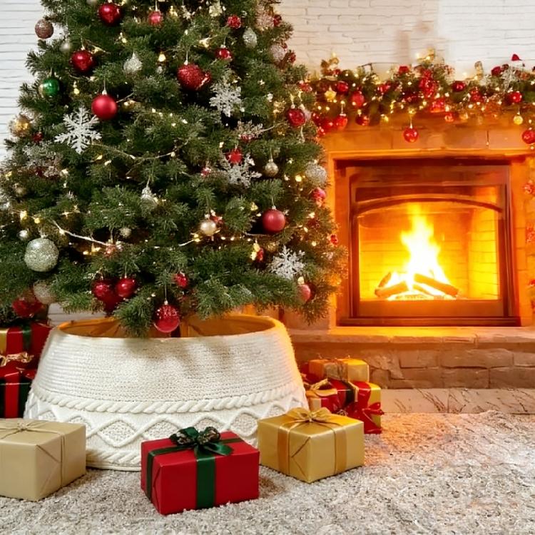 Classical Design Knitted Tree Skirt With Secure Clamping System Christmas Tree Skirt with Clips For Seasonal Celebration