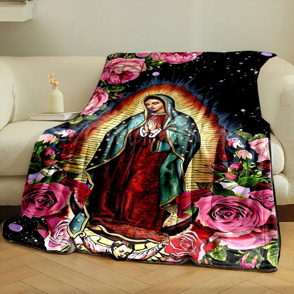 Our Lady of Guadalupe Floral Blanket Bedroom Blanket for Livingroom Couch Lunch Break Soft Throw for Friend's Festival Gift