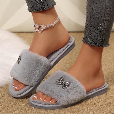 Mode Mode Schleife Detor Plüsch Hausschuhe Damen Weiche Pelzige Zuhause Baumwollhausschuhe Frau Offene Zehenpartie Rutschfeste Baumwoll-Sandalen Weiblich
