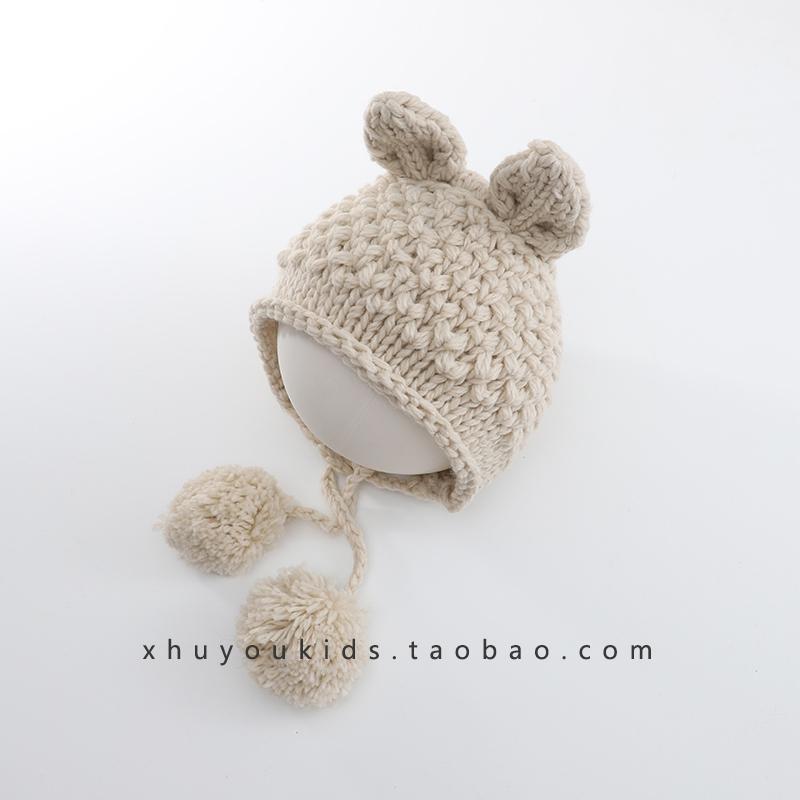 

Детская шапка осень-зима на шнуровке с помпоном, детская вязаная шерстяная шапка ручной работы для девочек и мальчиков, зимняя теплая с защитой ушей child 47~ 52cm/recommended for 1~ 6 years old бежевый