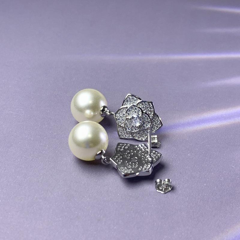 S925 Silver Needle White Copper Camellia Pearl Earrings