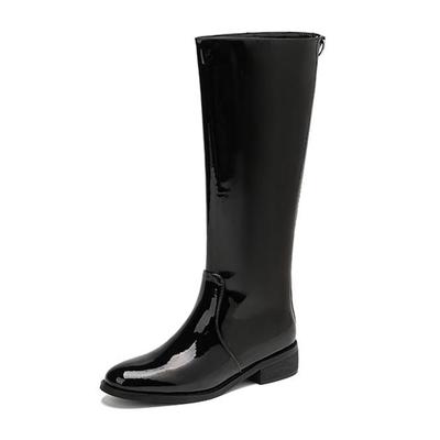 Piele de vacă Pantofi de toamnă de iarnă Cizme de călărie Vârf rotund Păstrați căldura Metal Cataramă pătrată Tocuri Med Cizme înalte pe coapsă