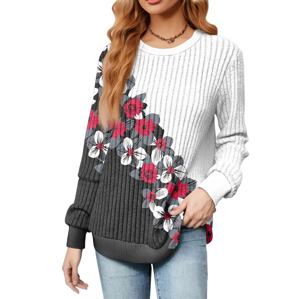 Fashionable Women's Long Sleeved Floral Printed Lightweight Sweater With Loose Round Neck Top