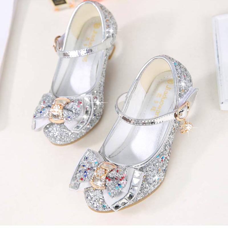 Prinzessin Lederschuhe für Mädchen Tanzschuhe Lässige Glitzer Kinder High Heel Mädchenschuhe Schmetterlingsknoten