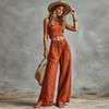 Women's Loose Fit Two Piece Outfit Sleeveless Crop Top Drawstring High Waist Wide Leg Pants